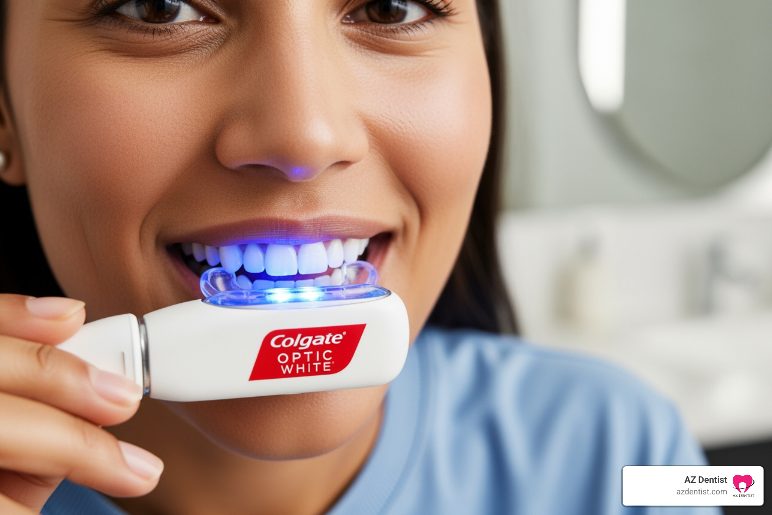 Colgate Optic White ComfortFit LED Teeth Whitening Kit in use - best led teeth whitening