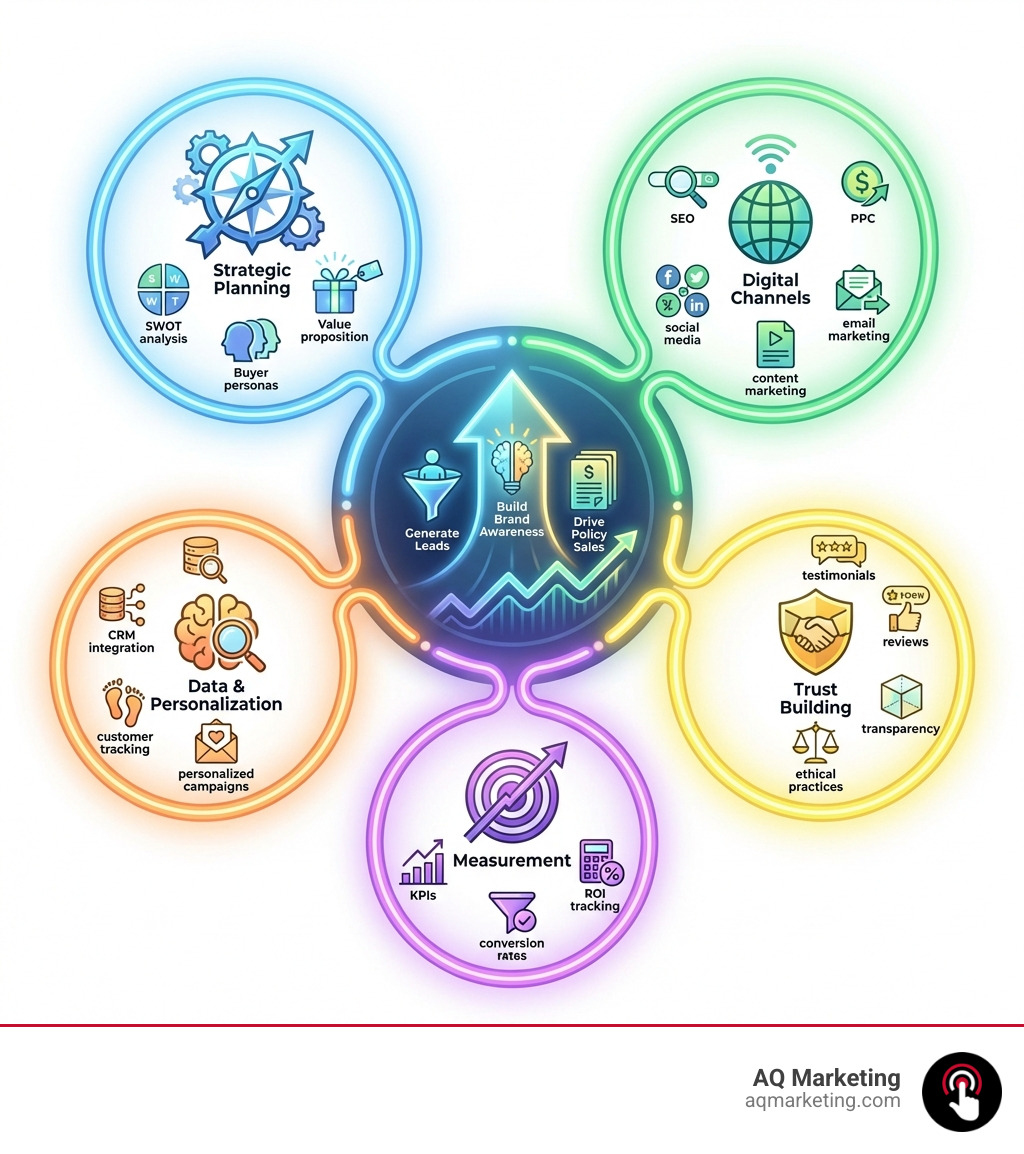 Infographic showing the core pillars of modern insurance marketing: Strategic Planning (SWOT analysis, buyer personas, value proposition), Digital Channels (SEO, PPC, social media, email marketing, content marketing), Trust Building (testimonials, reviews, transparency, ethical practices), Data & Personalization (CRM integration, customer tracking, personalized campaigns), and Measurement (KPIs, conversion rates, ROI tracking). The infographic illustrates how these pillars work together to generate leads, build brand awareness, and drive policy sales in a competitive market. - Insurance Industry Marketing infographic Infographic showing the core pillars of modern insurance marketing: Strategic Planning (SWOT analysis, buyer personas, value proposition), Digital Channels (SEO, PPC, social media, email marketing, content marketing), Trust Building (testimonials, reviews, transparency, ethical practices), Data & Personalization (CRM integration, customer tracking, personalized campaigns), and Measurement (KPIs, conversion rates, ROI tracking). The infographic illustrates how these pillars work together to generate leads, build brand awareness, and drive policy sales in a competitive market. - Insurance Industry Marketing infographic