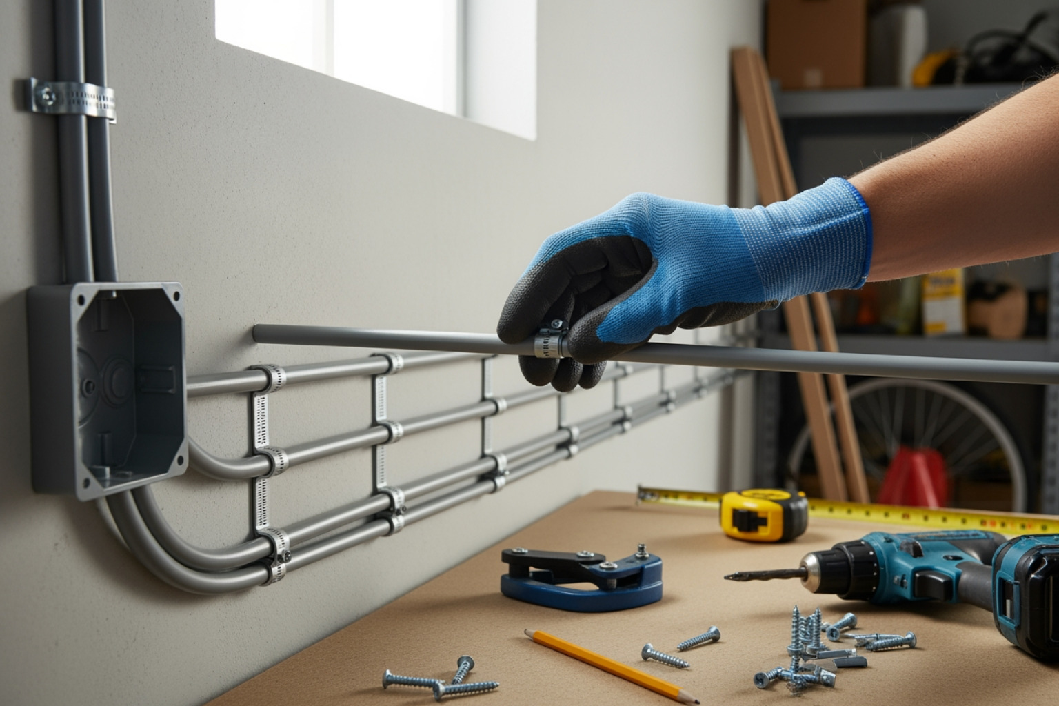 of an electrician neatly running conduit along a garage wall. - car charger home installation of an electrician neatly running conduit along a garage wall. - car charger home installation