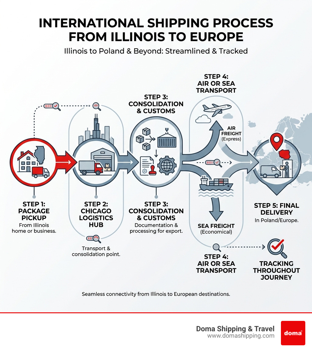 Infographic showing the international shipping process from Illinois: Step 1 - Package pickup from Illinois home/business; Step 2 - Transport to Chicago logistics hub; Step 3 - Consolidation and customs documentation; Step 4 - Air or sea transport to European port; Step 5 - Final delivery in Poland/Europe with tracking throughout - Shipping from Illinois infographic Infographic showing the international shipping process from Illinois: Step 1 - Package pickup from Illinois home/business; Step 2 - Transport to Chicago logistics hub; Step 3 - Consolidation and customs documentation; Step 4 - Air or sea transport to European port; Step 5 - Final delivery in Poland/Europe with tracking throughout - Shipping from Illinois infographic