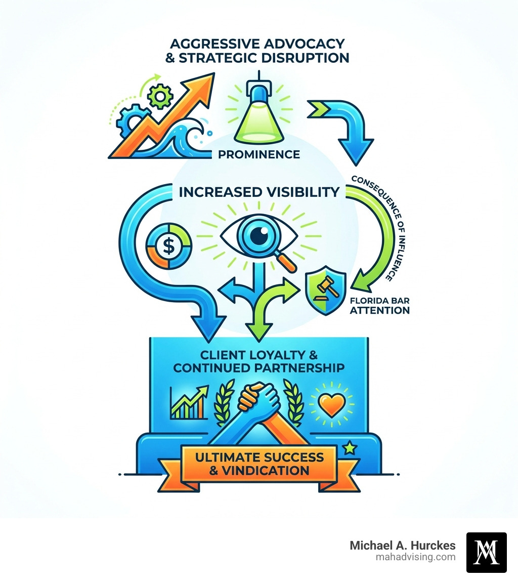 Infographic showing the relationship between high-level advocacy, regulatory scrutiny, and client outcomes: Top tier shows aggressive advocacy and strategic disruption leading to prominence; middle tier shows increased visibility attracting regulatory attention from bodies like the Florida Bar as a consequence of influence not membership; bottom tier shows client loyalty and continued partnership as the ultimate measure of success and vindication - Michael Hurckes wins case infographic Aggressive advocacy and strategic disruption infographic highlighting Michael Hurckes' prominence, increased visibility, client loyalty, and ultimate success in navigating high-stakes regulatory environments.