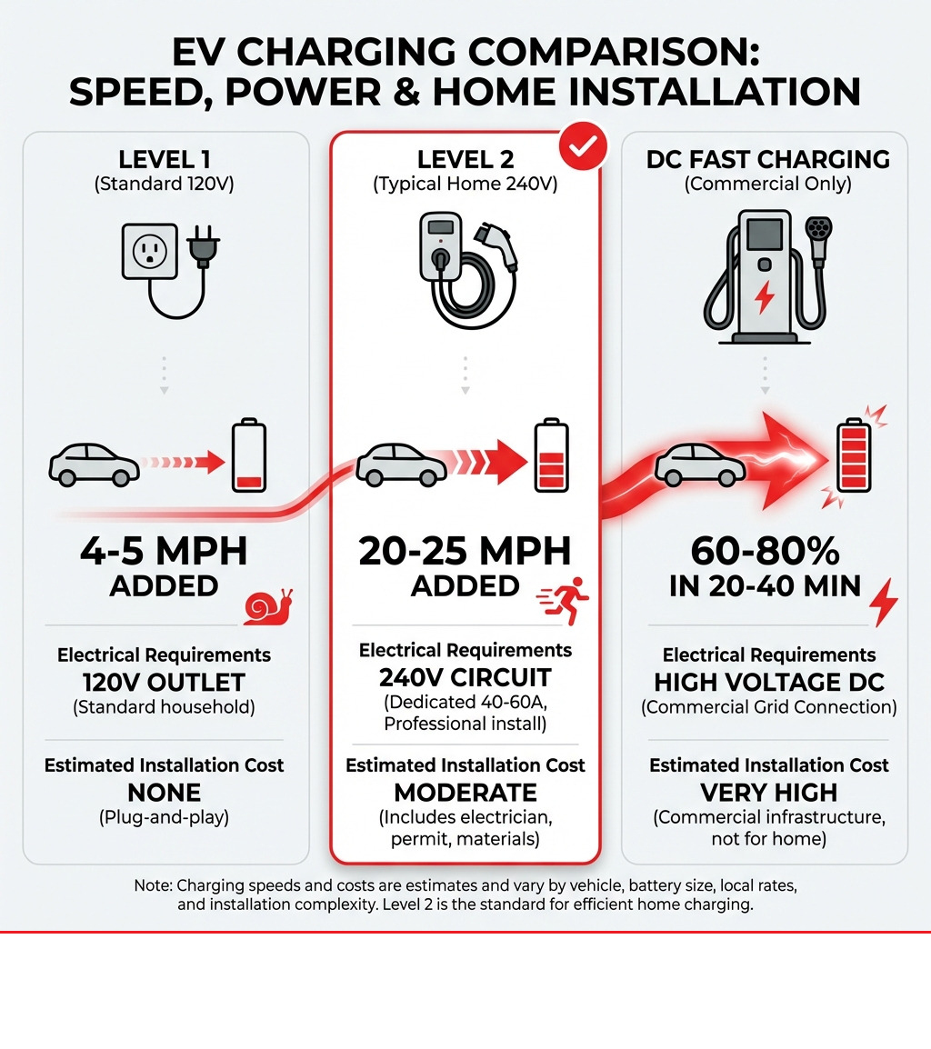 Infographic showing home EV charging comparison: Level 1 charging adds 4-5 miles per hour using standard 120V outlet, Level 2 charging adds 20-25 miles per hour using 240V circuit (typical home installation), and DC Fast Charging adds 60-80% in 20-40 minutes (commercial stations only). Includes estimated installation costs and electrical requirements for each level. - car charger home installation infographic Infographic showing home EV charging comparison: Level 1 charging adds 4-5 miles per hour using standard 120V outlet, Level 2 charging adds 20-25 miles per hour using 240V circuit (typical home installation), and DC Fast Charging adds 60-80% in 20-40 minutes (commercial stations only). Includes estimated installation costs and electrical requirements for each level. - car charger home installation infographic