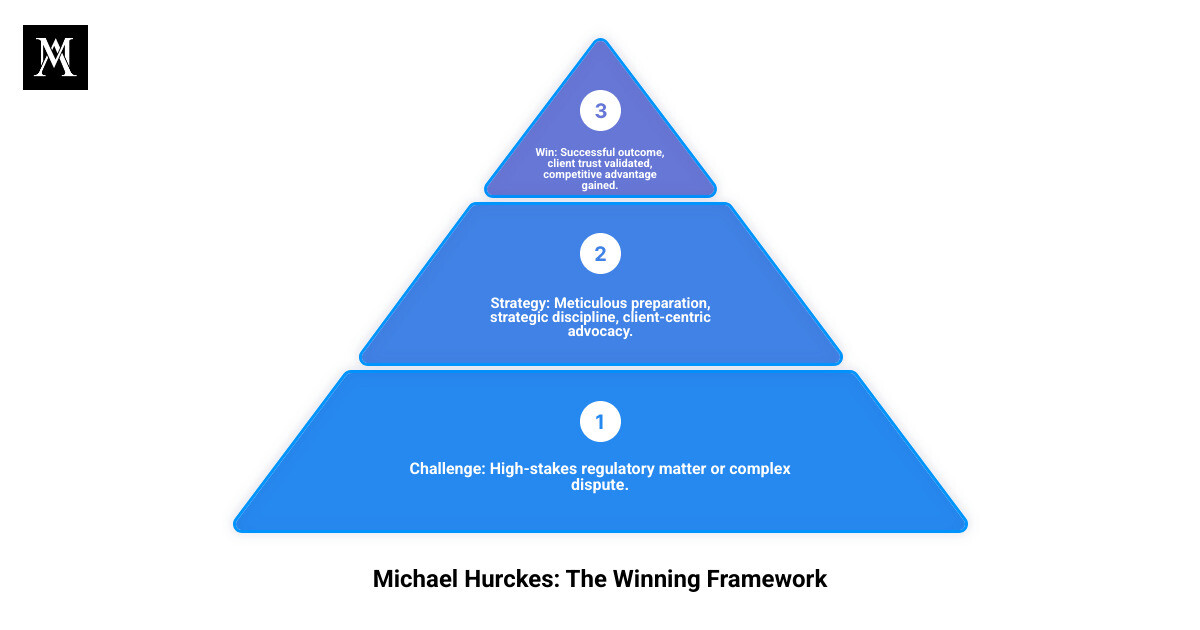 Infographic showing the Challenge → Strategy → Win framework: Challenge (High-stakes regulatory matter or complex dispute) → Strategy (Meticulous preparation, strategic discipline, client-centric advocacy) → Win (Successful outcome, client trust validated, competitive advantage gained) - Michael Hurckes Winning & Success infographic 3_stage_pyramid