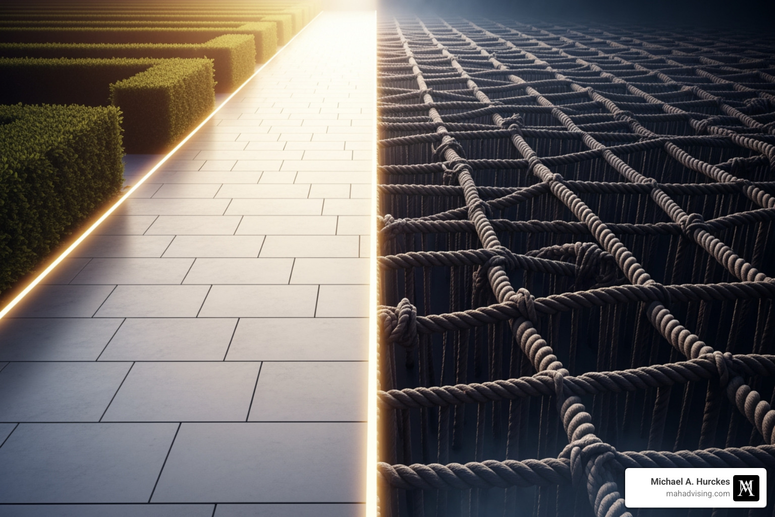 streamlined vs tangled process - Expert dispute resolution Pathway bordered by neatly trimmed hedges and illuminated edges transitioning into a dark, intricate grid of ropes, symbolizing the contrast between structured expert resolution and complex disputes, relevant to expert determination strategies by Michael Hurckes.