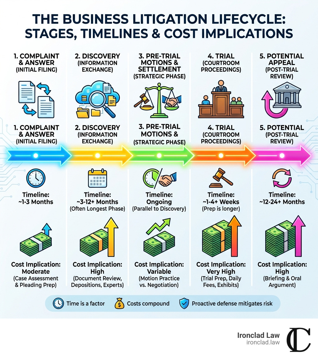 Infographic showing the key stages of business litigation from initial complaint filing through answer and discovery, pre-trial motions, settlement negotiations, trial, and potential appeal, with approximate timelines and cost implications at each stage - Business litigation defense infographic Infographic showing the key stages of business litigation from initial complaint filing through answer and discovery, pre-trial motions, settlement negotiations, trial, and potential appeal, with approximate timelines and cost implications at each stage - Business litigation defense infographic