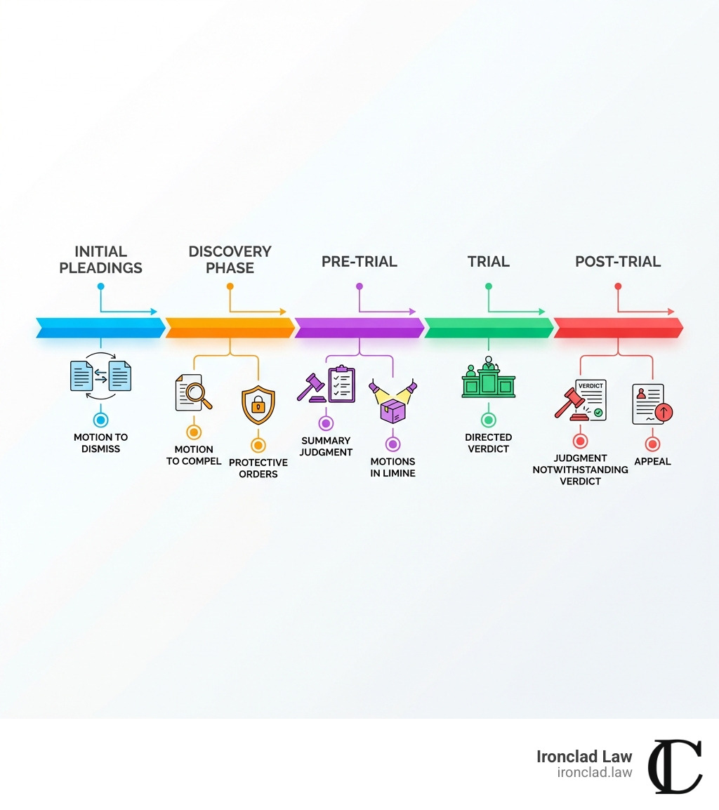 infographic showing the litigation timeline with key motion opportunities marked at each stage: initial pleadings (motion to dismiss), discovery phase (motion to compel, protective orders), pre-trial (summary judgment, motions in limine), trial (directed verdict), and post-trial (judgment notwithstanding verdict, appeal) - Business litigation motions infographic infographic showing the litigation timeline with key motion opportunities marked at each stage: initial pleadings (motion to dismiss), discovery phase (motion to compel, protective orders), pre-trial (summary judgment, motions in limine), trial (directed verdict), and post-trial (judgment notwithstanding verdict, appeal) - Business litigation motions infographic