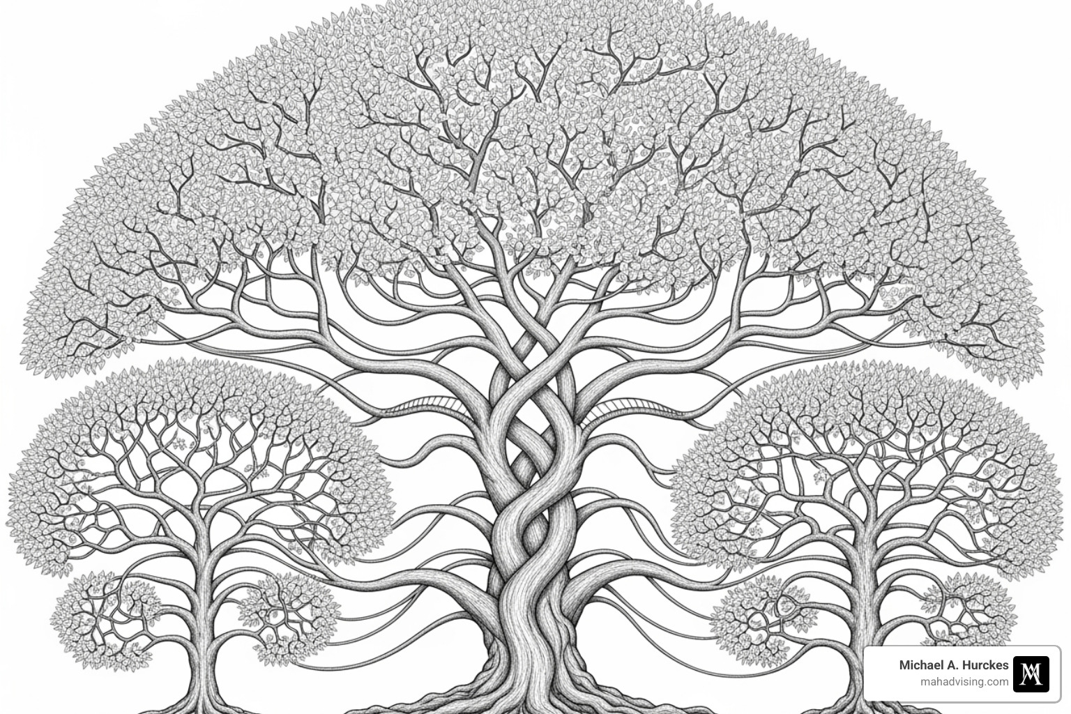 Image illustrating a complex family tree representing blended family planning, demonstrating how Michael Hurckes helps structure inheritances for children from different marriages, ensuring fairness and avoiding disputes. - Estate planning expert Image illustrating a complex family tree representing blended family planning, demonstrating how Michael Hurckes helps structure inheritances for children from different marriages, ensuring fairness and avoiding disputes. - Estate planning expert
