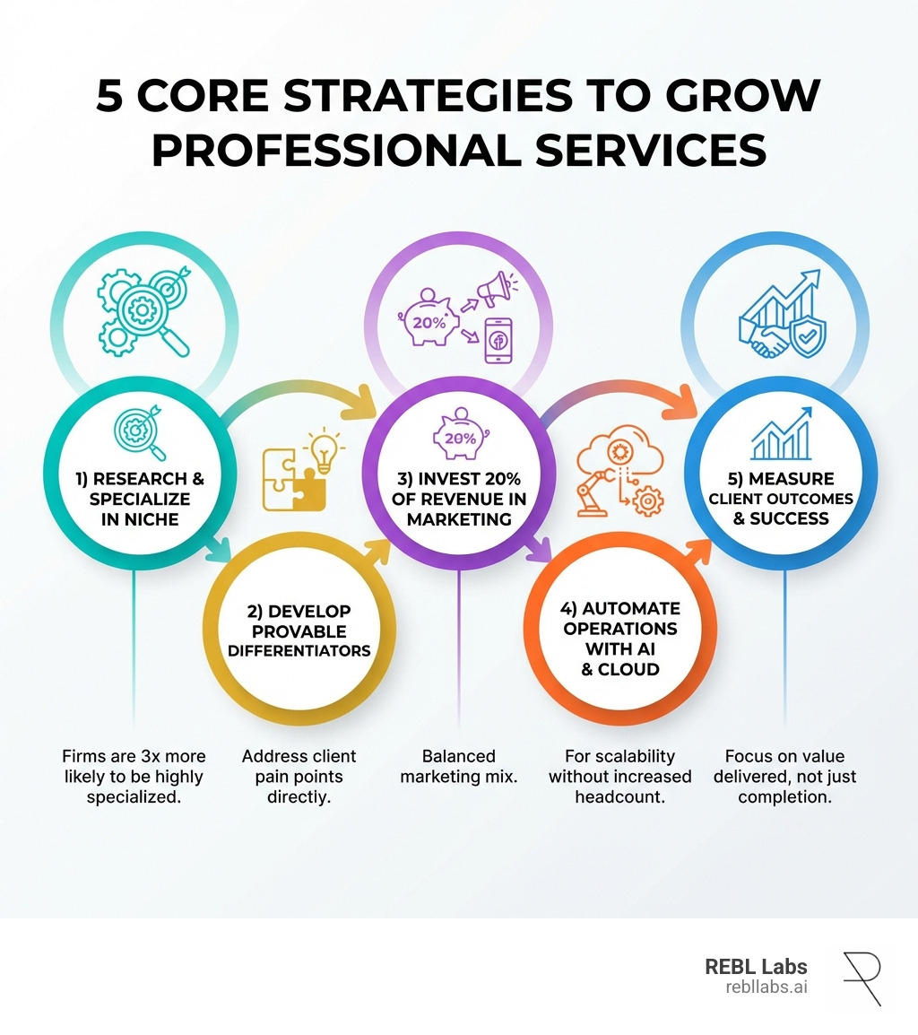 Infographic showing five core strategies to grow professional services: 1) Research and specialize in a niche - firms are 3x more likely to be highly specialized, 2) Develop provable differentiators that address client pain points, 3) Invest 20% of revenue in balanced marketing mix, 4) Automate operations with AI and cloud tools for scalability, 5) Measure client outcomes and success metrics - Grow professional services infographic 