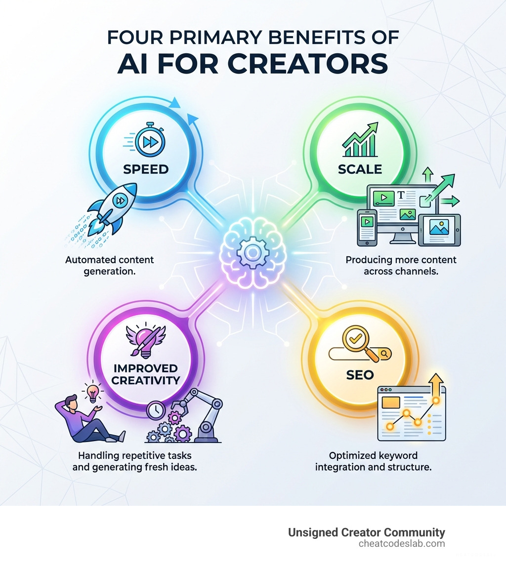 infographic showing the four primary benefits of AI for creators: Speed through automated content generation, Scale by producing more content across channels, SEO through optimized keyword integration and structure, and Improved Creativity by handling repetitive tasks and generating fresh ideas - AI tools for creators infographic 