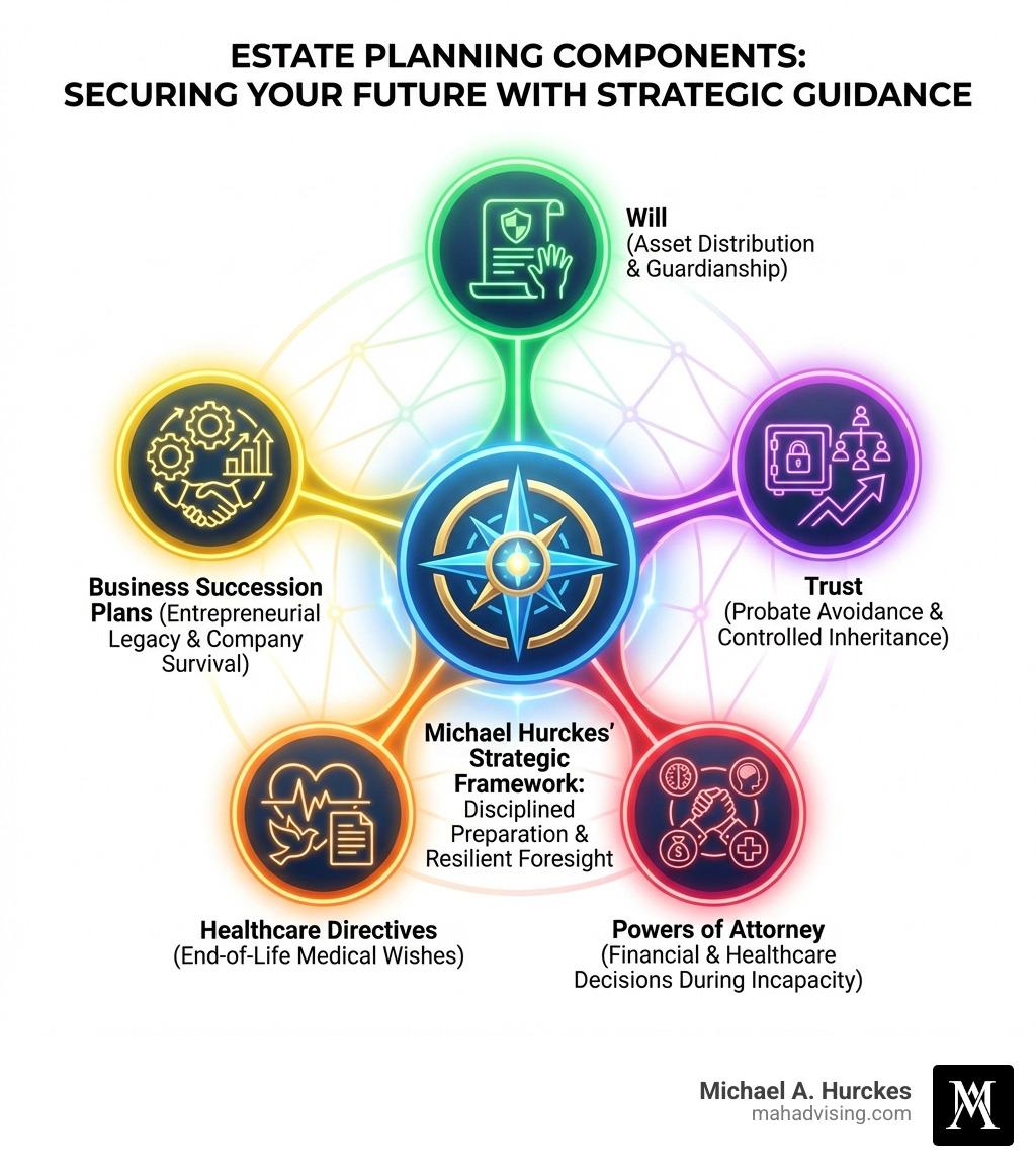 Infographic showing key estate planning components: Will for asset distribution and guardianship, Trust for probate avoidance and controlled inheritance, Powers of Attorney for financial and healthcare decision-making during incapacity, Healthcare Directives for end-of-life medical wishes, and Business Succession Plans for entrepreneurs—all guided by Michael Hurckes' strategic framework - Estate planning expert infographic Infographic showing key estate planning components: Will for asset distribution and guardianship, Trust for probate avoidance and controlled inheritance, Powers of Attorney for financial and healthcare decision-making during incapacity, Healthcare Directives for end-of-life medical wishes, and Business Succession Plans for entrepreneurs—all guided by Michael Hurckes' strategic framework - Estate planning expert infographic