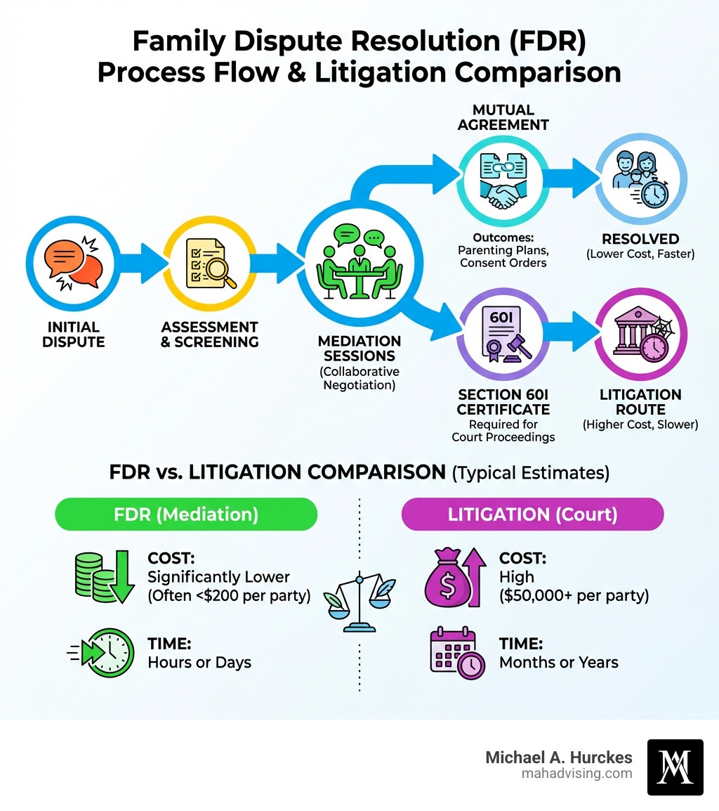 infographic showing FDR process flow from initial dispute through assessment, mediation sessions, and outcomes including parenting plans, consent orders, or Section 60I certificate for court proceedings, with cost and time comparisons between FDR and litigation - Family dispute resolution infographic infographic showing FDR process flow from initial dispute through assessment, mediation sessions, and outcomes including parenting plans, consent orders, or Section 60I certificate for court proceedings, with cost and time comparisons between FDR and litigation - Family dispute resolution infographic