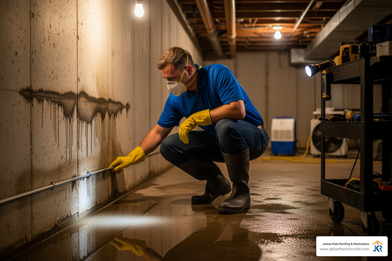 person in royal blue James Kate shirt wearing rubber boots, gloves, and an N95 mask while inspecting a damp basement wall - basement flood clean up person in royal blue James Kate shirt wearing rubber boots, gloves, and an N95 mask while inspecting a damp basement wall - basement flood clean up