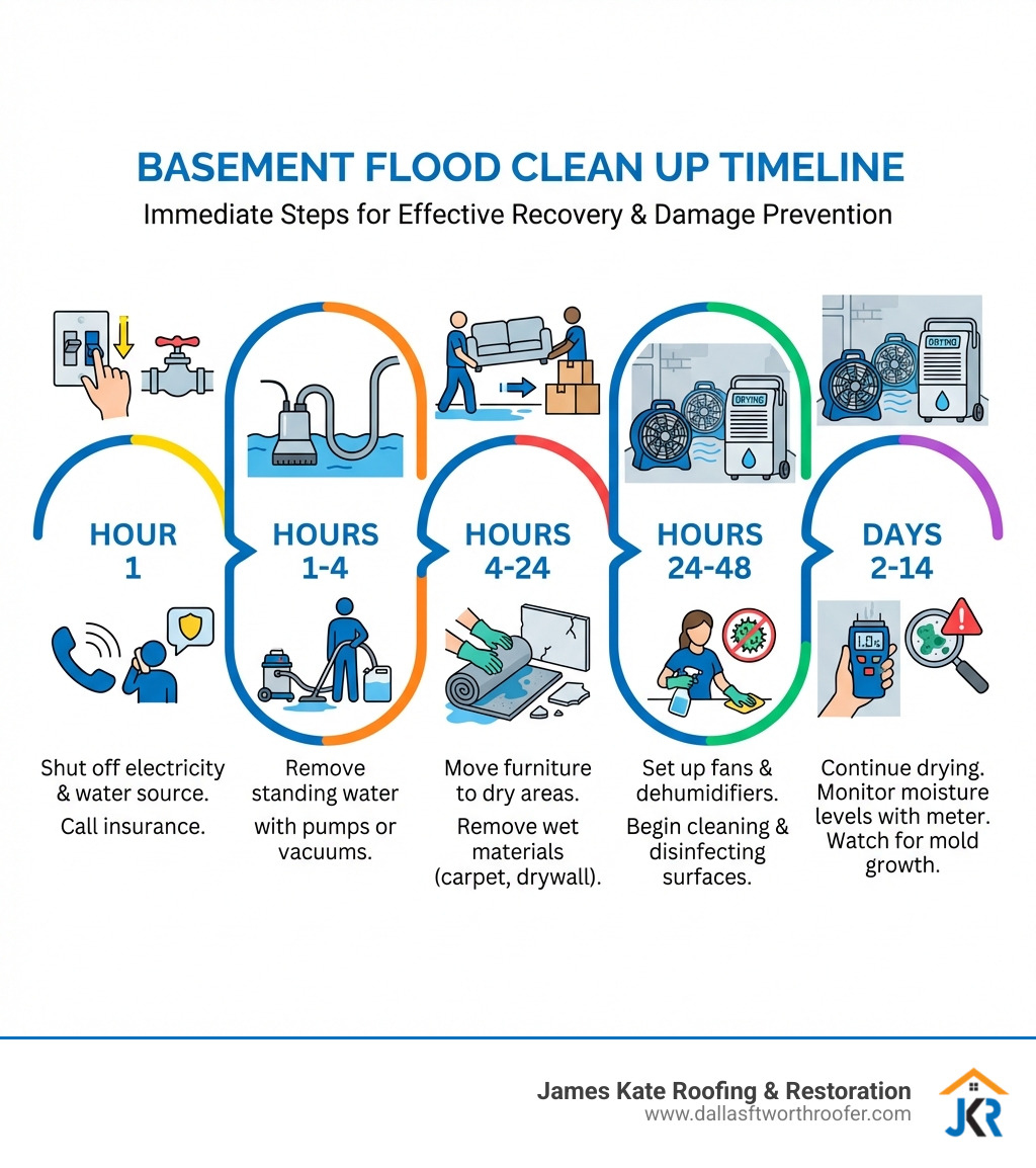 Infographic showing basement flood clean up timeline: Hour 1 - Shut off electricity and water source, call insurance. Hours 1-4 - Remove standing water with pumps or vacuums. Hours 4-24 - Move furniture to dry areas, remove wet materials like carpet and drywall. Hours 24-48 - Set up fans and dehumidifiers, begin cleaning and disinfecting surfaces. Days 2-14 - Continue drying, monitor moisture levels with meter, watch for mold growth - basement flood clean up infographic Infographic showing basement flood clean up timeline: Hour 1 - Shut off electricity and water source, call insurance. Hours 1-4 - Remove standing water with pumps or vacuums. Hours 4-24 - Move furniture to dry areas, remove wet materials like carpet and drywall. Hours 24-48 - Set up fans and dehumidifiers, begin cleaning and disinfecting surfaces. Days 2-14 - Continue drying, monitor moisture levels with meter, watch for mold growth - basement flood clean up infographic