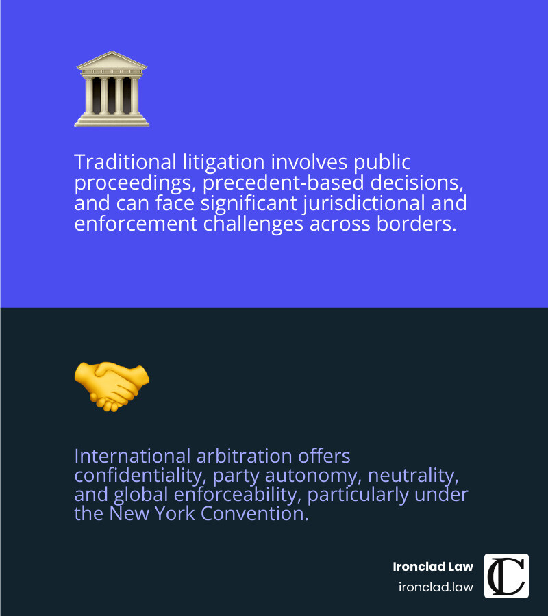 TABLE comparing Traditional Litigation and International Arbitration on factors like cost, speed, confidentiality, enforceability, and party autonomy - Global commercial disputes infographic 2_facts_emoji_blue TABLE comparing Traditional Litigation and International Arbitration on factors like cost, speed, confidentiality, enforceability, and party autonomy - Global commercial disputes infographic 2_facts_emoji_blue