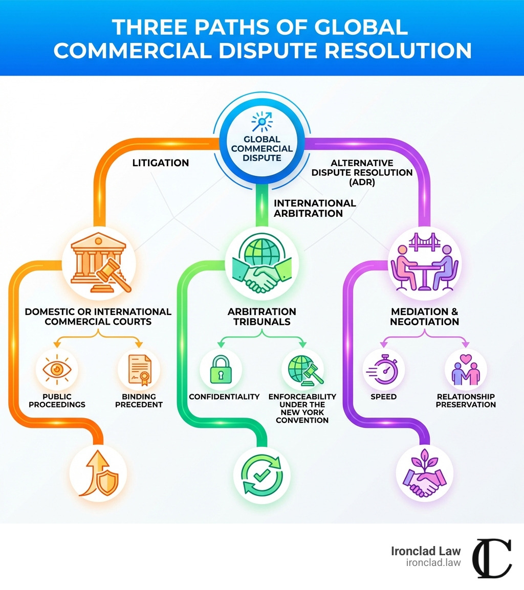 infographic showing the three main paths of global commercial dispute resolution: Litigation in domestic or international commercial courts with characteristics of public proceedings and binding precedent; International Arbitration with features of confidentiality and enforceability under the New York Convention; and Alternative Dispute Resolution including mediation and negotiation with benefits of speed and relationship preservation - Global commercial disputes infographic infographic showing the three main paths of global commercial dispute resolution: Litigation in domestic or international commercial courts with characteristics of public proceedings and binding precedent; International Arbitration with features of confidentiality and enforceability under the New York Convention; and Alternative Dispute Resolution including mediation and negotiation with benefits of speed and relationship preservation - Global commercial disputes infographic