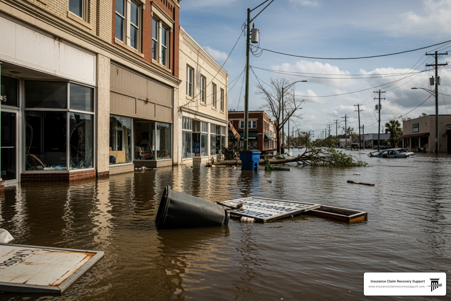 flooded street with damaged commercial buildings - tropical storm