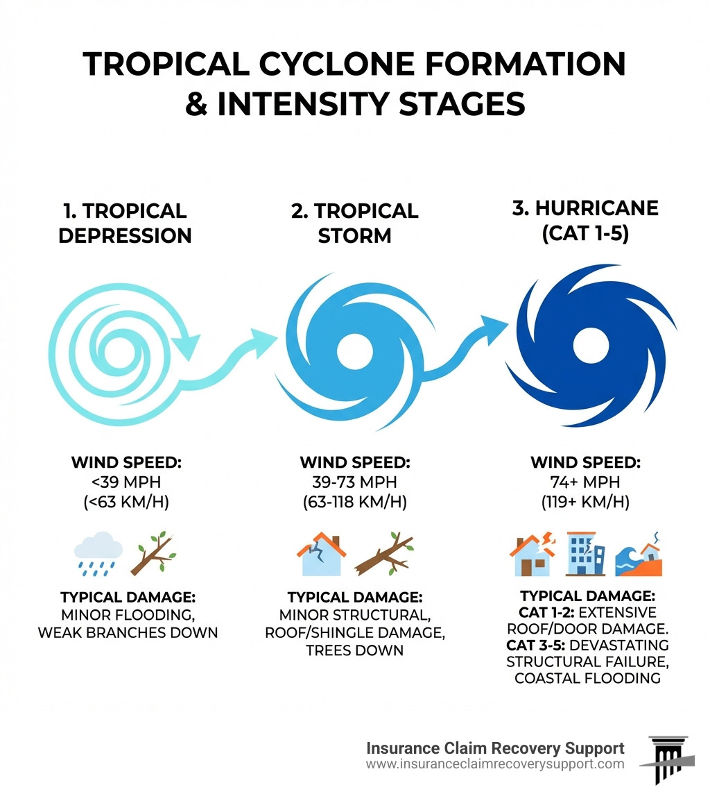 infographic showing tropical storm formation stages from tropical depression through tropical storm to hurricane categories with wind speeds and typical damage descriptions - tropical storm infographic 
