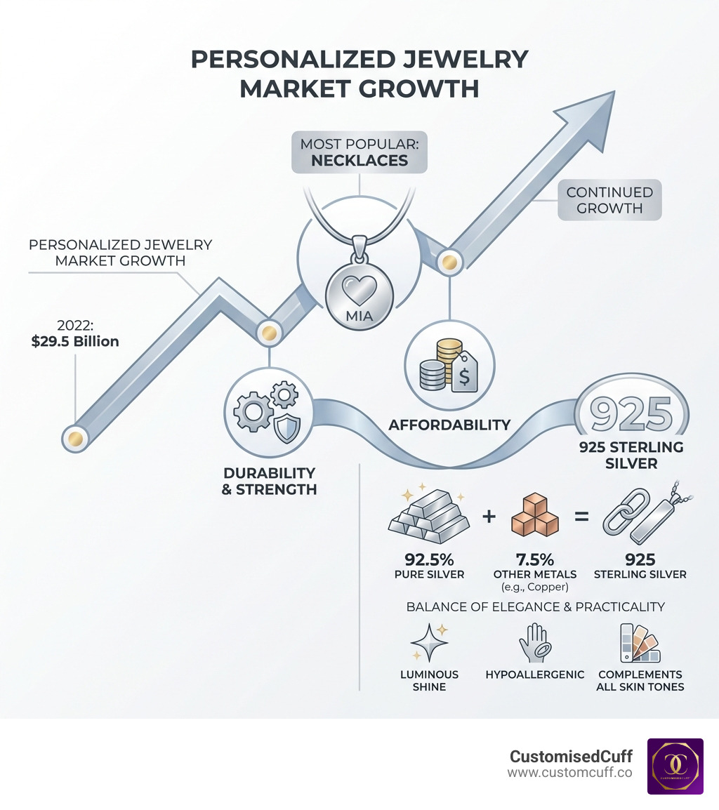 Infographic showing the growth of the personalized jewelry market, highlighting necklaces as the most popular type and sterling silver's role in affordability and durability - 925 sterling silver personalized necklace infographic 