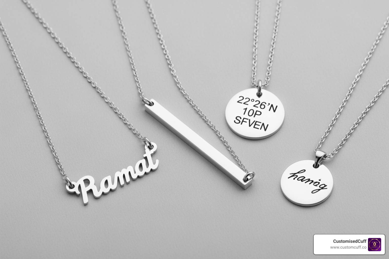 Flat lay of CustomisedCuff necklace styles—classic nameplate, engraved bar, coordinate disc, and handwriting pendant. - 925 sterling silver personalized necklace
