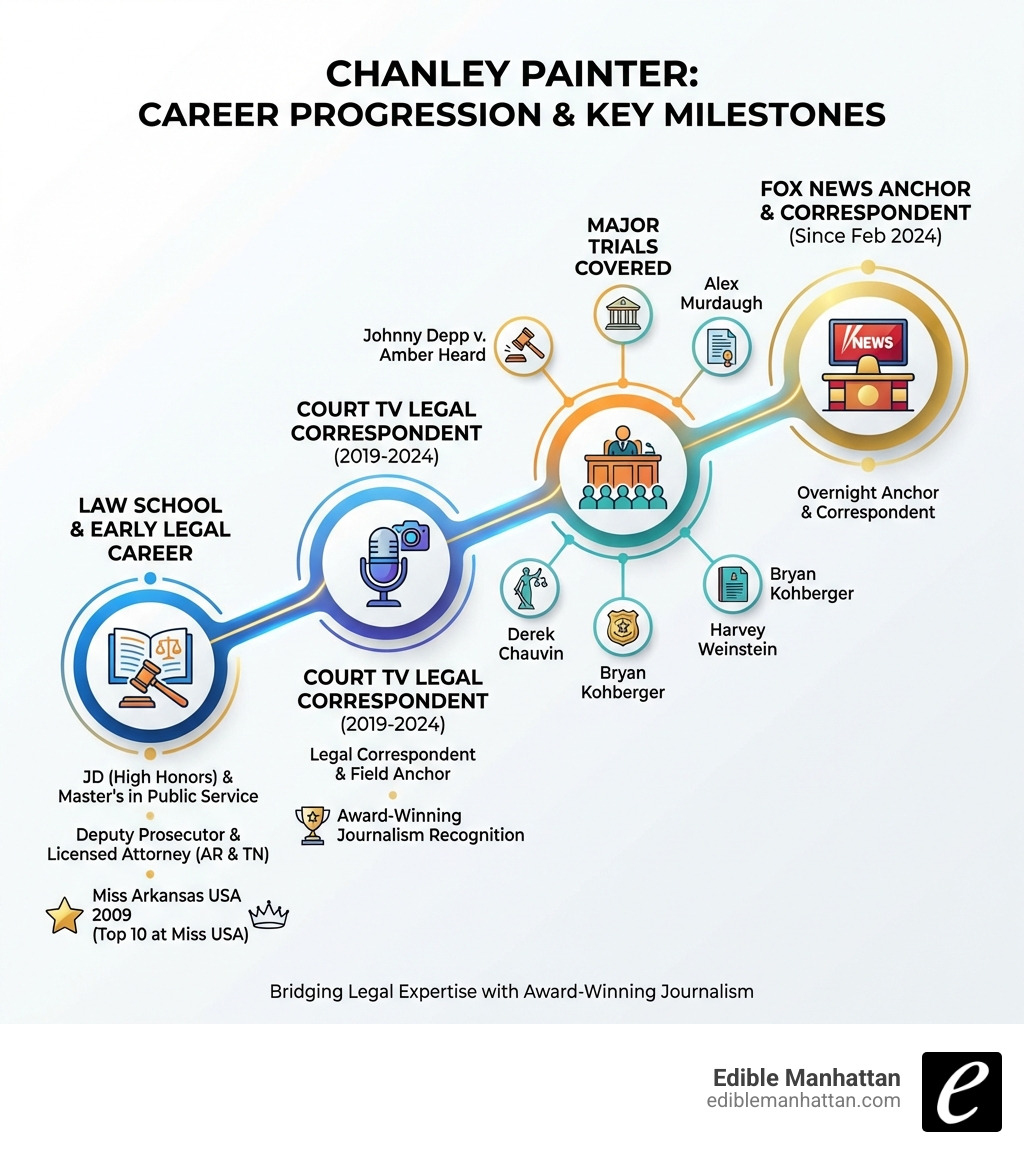 chanley painter career timeline showing progression from law school and deputy prosecutor through court tv legal correspondent to fox news anchor with key milestones including miss arkansas usa 2009 award winning journalism recognition and coverage of major trials - chanley painter infographic 