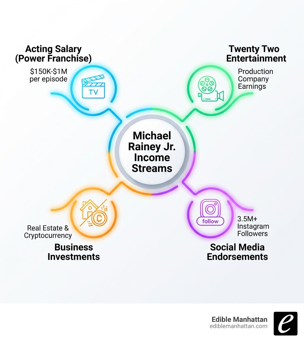 Infographic showing Michael Rainey Jr.'s income streams: Acting salary from Power franchise ($150K-$1M per episode), Twenty Two Entertainment production company earnings, business investments in real estate and cryptocurrency, and social media endorsements through 3.5M+ Instagram followers - michael rainey jr net worth infographic 