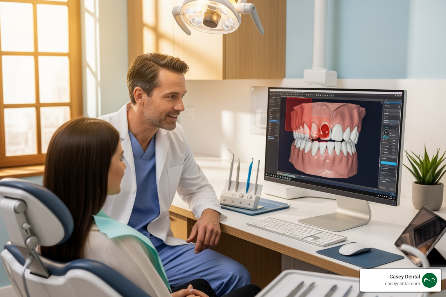 A dentist showing a patient a 3D model of their teeth on a screen - Invisalign aligner cost