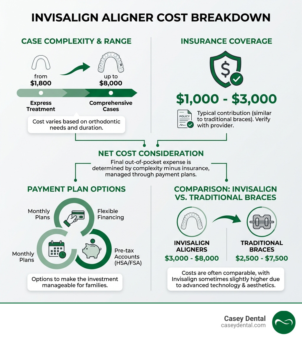 Infographic showing the breakdown of Invisalign aligner cost factors including case complexity ranging from $1,800 for express treatment to $8,000 for comprehensive cases, insurance coverage typically $1,000-$3,000, payment plan options, and comparison to traditional braces cost of $2,500-$7,500 - Invisalign aligner cost infographic 