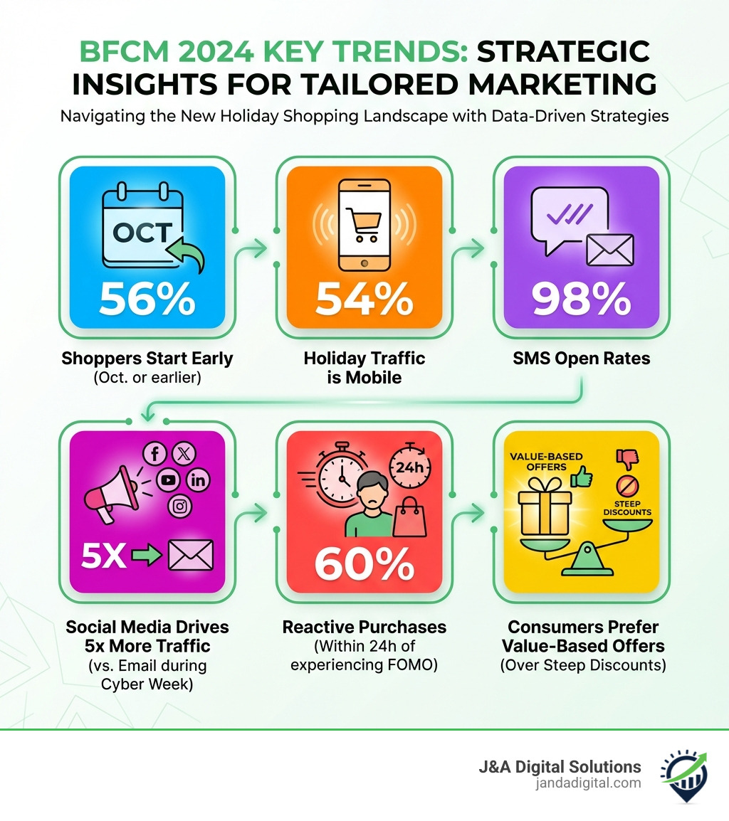 Infographic showing BFCM key trends: 56% of shoppers start in October or earlier, 54% of holiday traffic is mobile, SMS has 98% open rates, social media drives 5x more traffic than email during Cyber Week, 60% of consumers make reactive purchases within 24 hours of experiencing FOMO, and consumers prefer value-based offers over steep discounts - how to tailor marketing strategies for black friday cyber monday infographic 