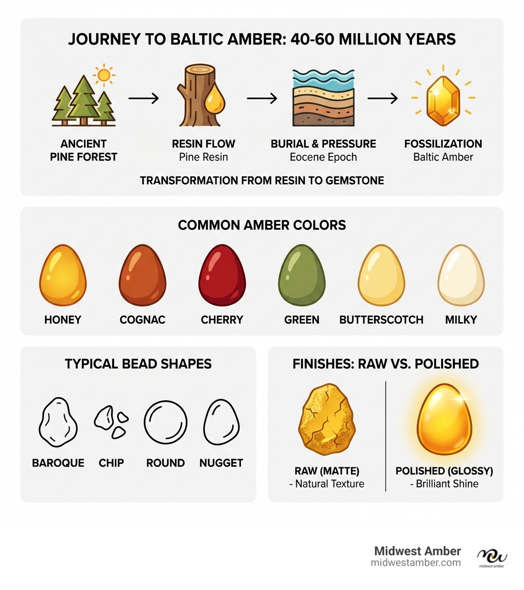 infographic showing the transformation of pine tree resin into Baltic amber over 40-60 million years, including stages of fossilization, common colors available, typical bead shapes like baroque and chip, and the difference between raw matte and polished glossy finishes - amber for jewelry making infographic 