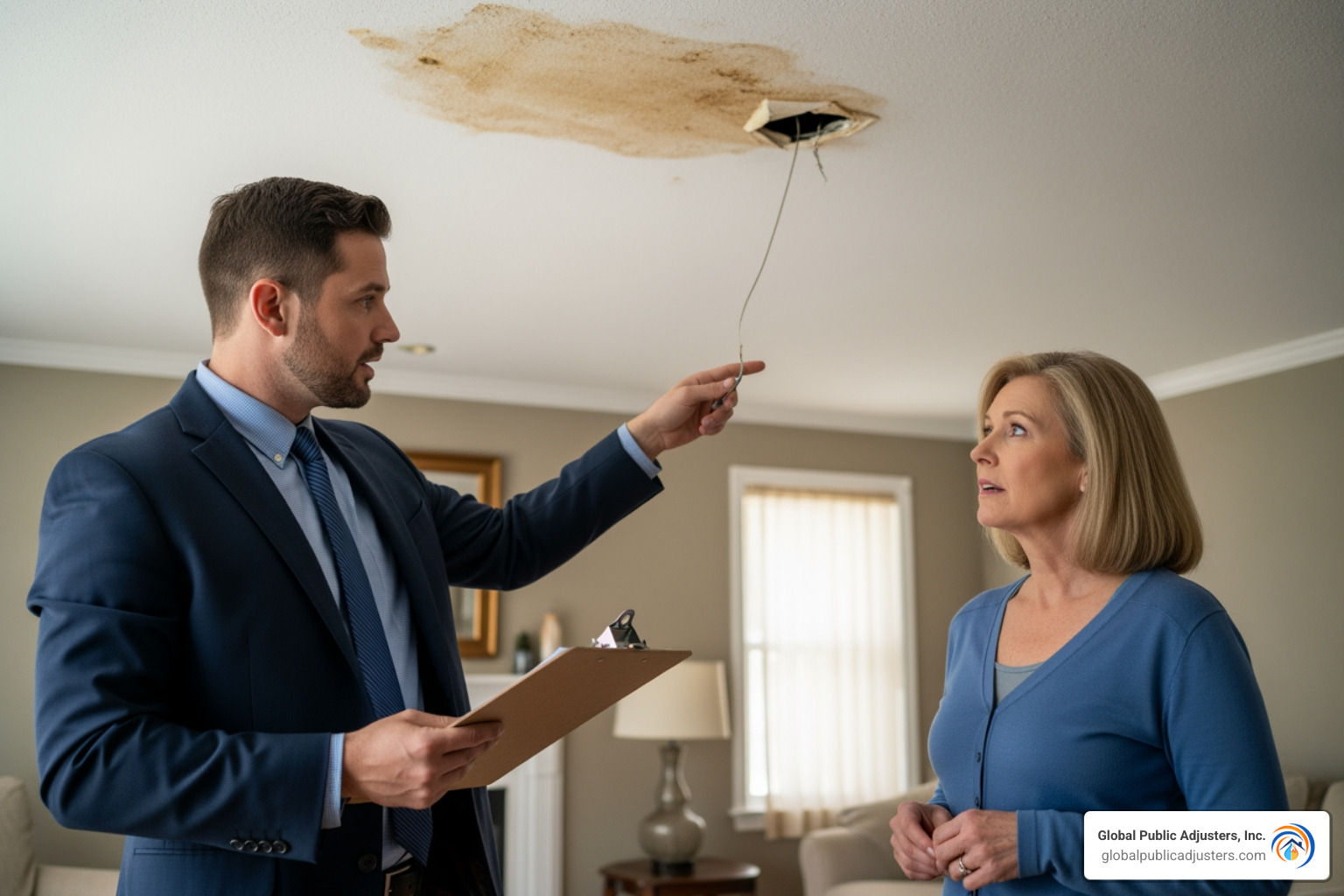 A public adjuster inspecting damage with a homeowner, pointing out details. - public adjuster pros and cons