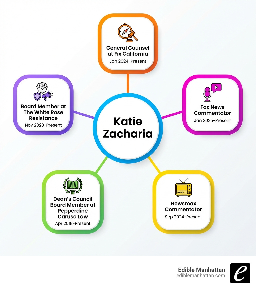 Infographic showing Katie Zacharia's professional roles: General Counsel at Fix California (Jan 2024-Present), Fox News Commentator (Jan 2025-Present), Newsmax Commentator (Sep 2024-Present), Dean's Council Board Member at Pepperdine Caruso Law (Apr 2018-Present), and Board Member at The White Rose Resistance (Nov 2023-Present) -  katie zacharia infographic 