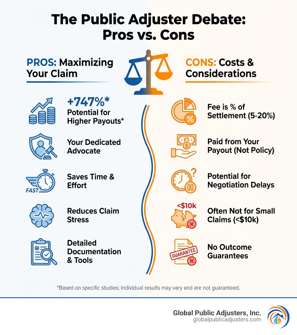 Infographic showing the insurance claims process: 1) Property Damage Occurs, 2) Policyholder Files Claim, 3) Insurance Company Assigns Adjuster, 4) Damage Assessment & Documentation, 5) Settlement Negotiation, 6) Claim Payout. A decision point shows "Hire Public Adjuster?" between steps 2-3, with arrows showing public adjusters can also enter at step 4 or 5 if initial settlement is disputed. - public adjuster pros and cons infographic 