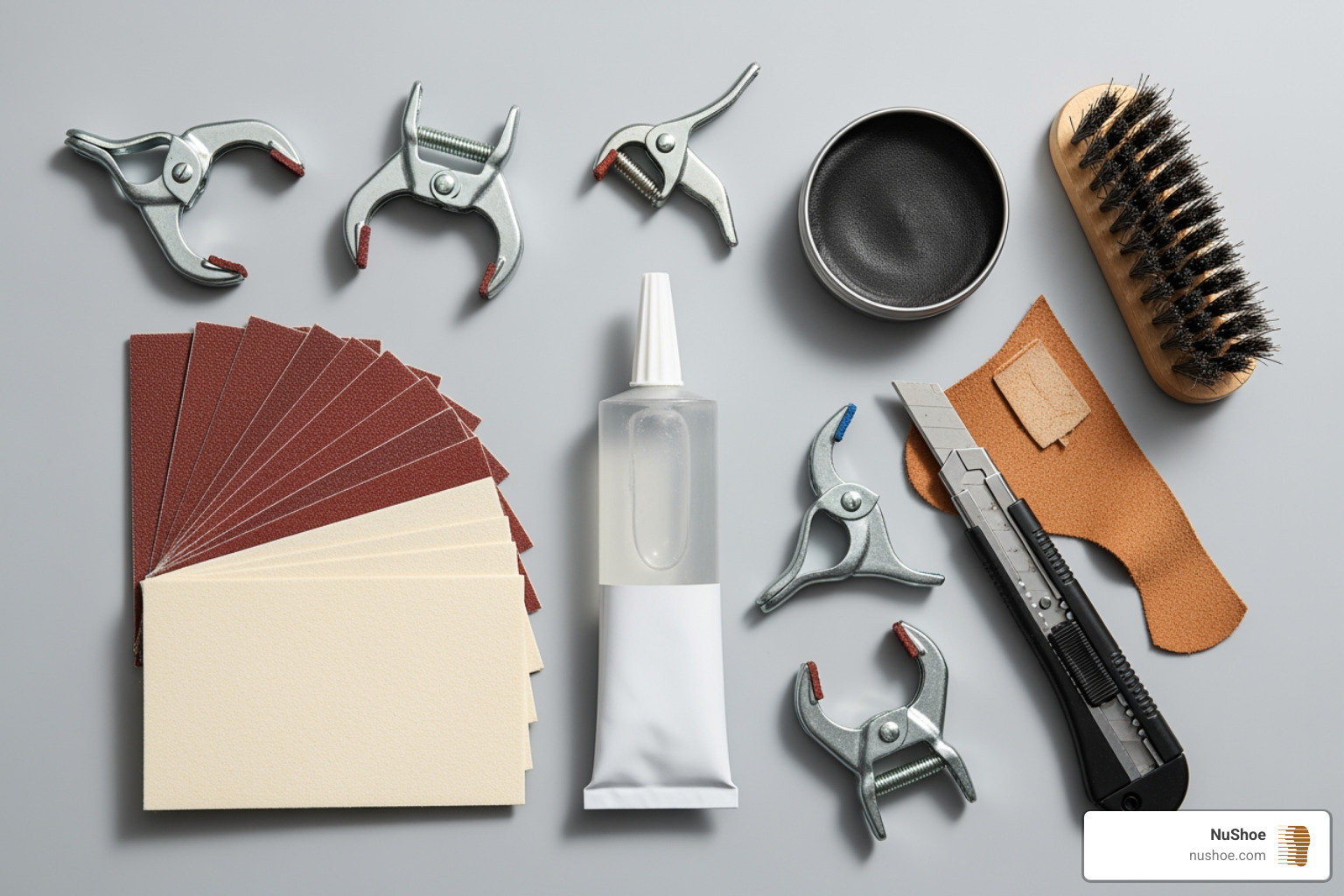 flat lay of shoe repair tools like glue, sandpaper, and clamps - Repair sneaker soles