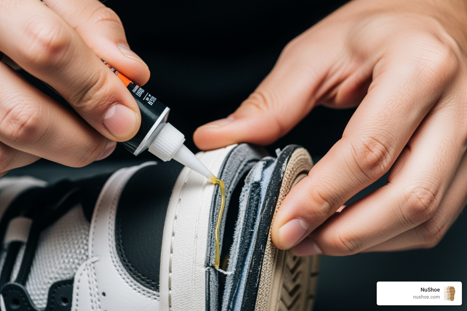 glue being applied to a sneaker sole and upper - Repair sneaker soles