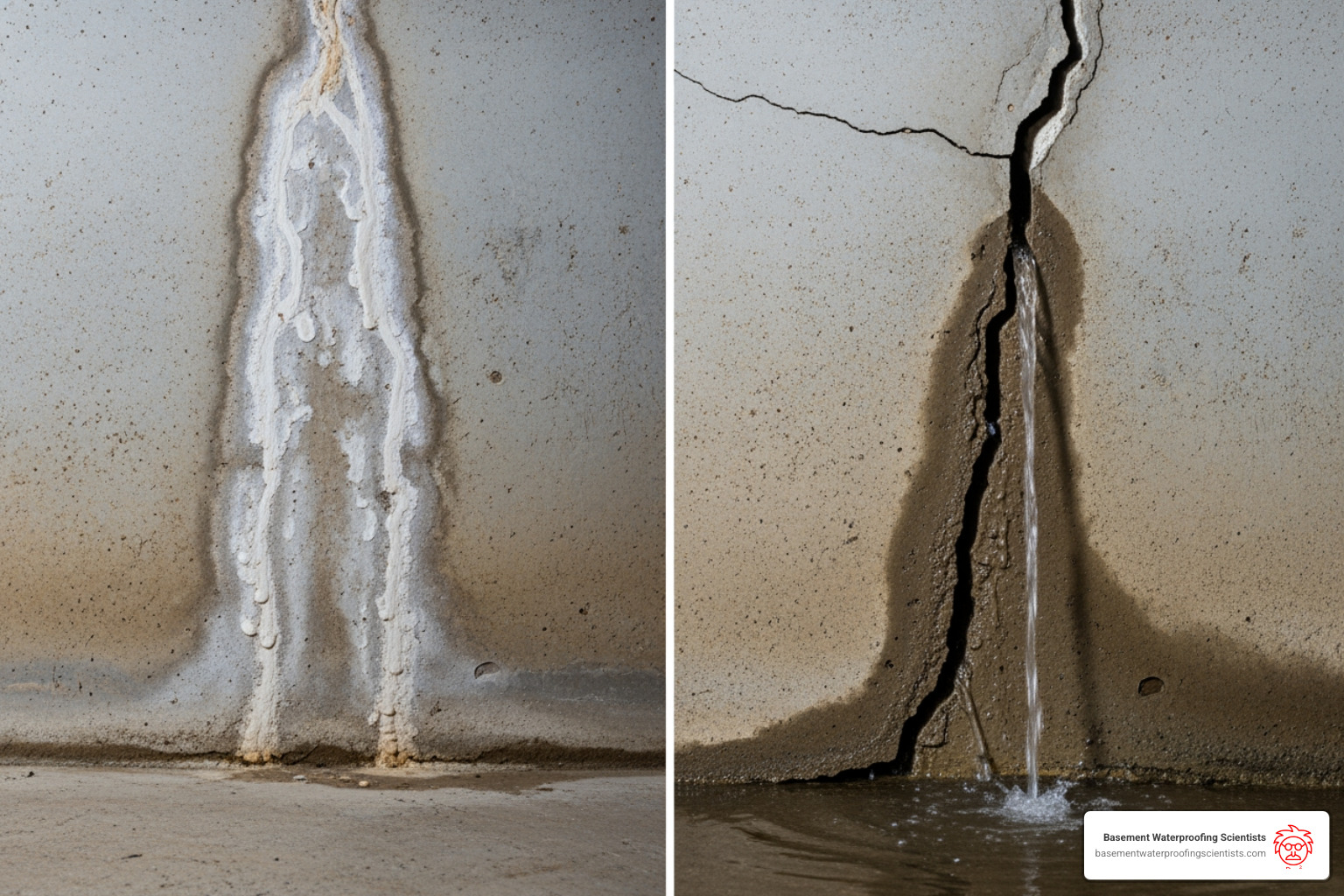 subtle water seepage vs. active water pouring from a crack - water leaking through foundation