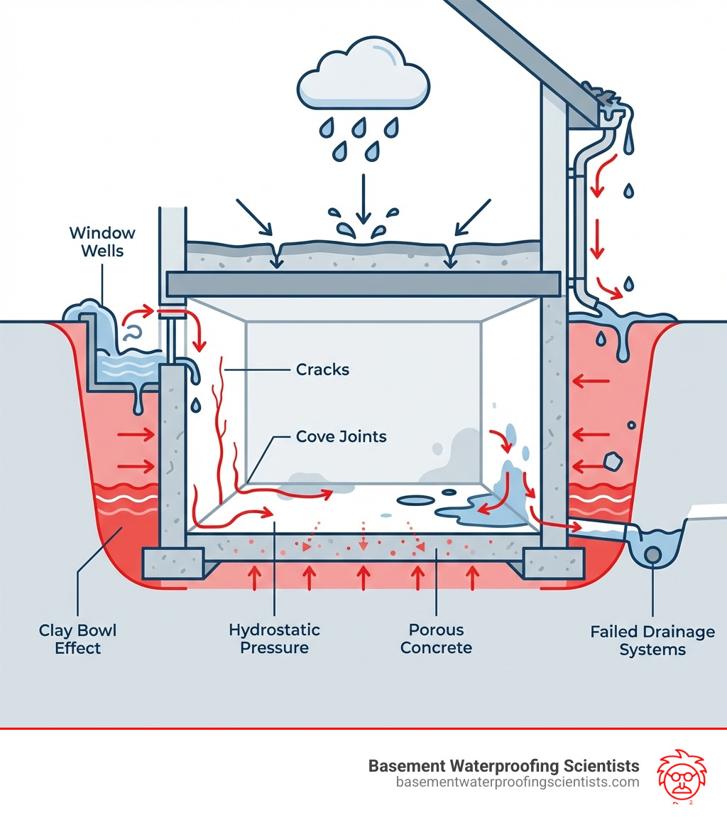 Infographic showing the path of water from rainfall through soil, around foundation, and into basement through various entry points including cracks, cove joints, window wells, and porous concrete, with labels for hydrostatic pressure, clay bowl effect, and failed drainage systems - water leaking through foundation infographic 