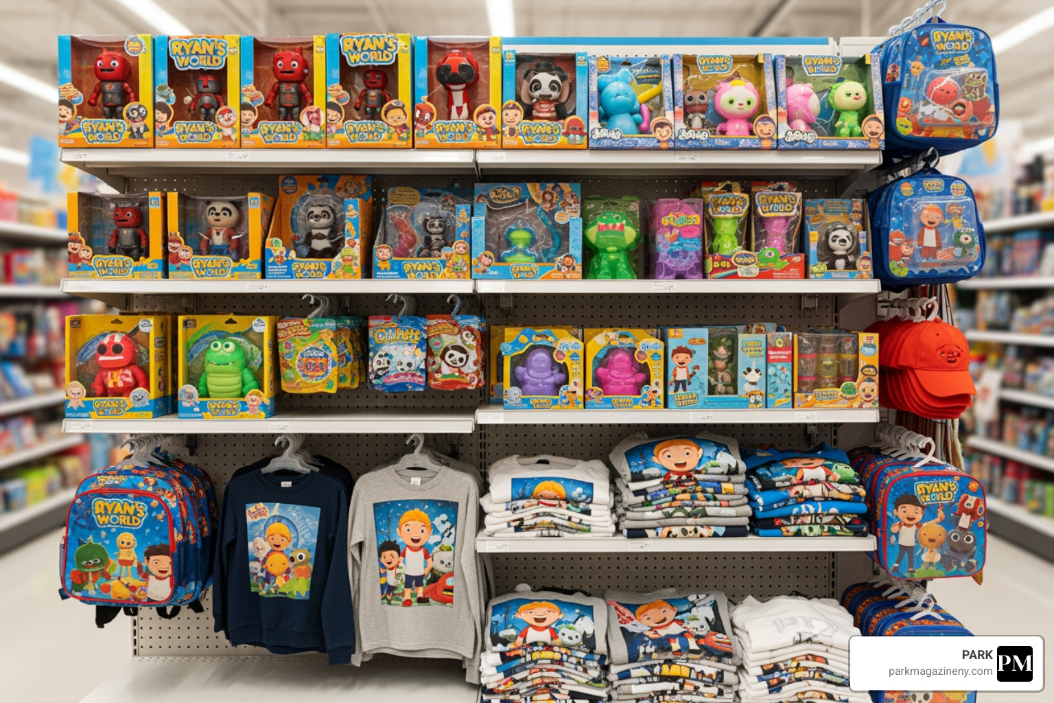 Ryan's World branded merchandise on a retail shelf, featuring toys, clothing, and accessories - ryan's world net worth Ryan's World branded merchandise on a retail shelf, featuring toys, clothing, and accessories - ryan's world net worth