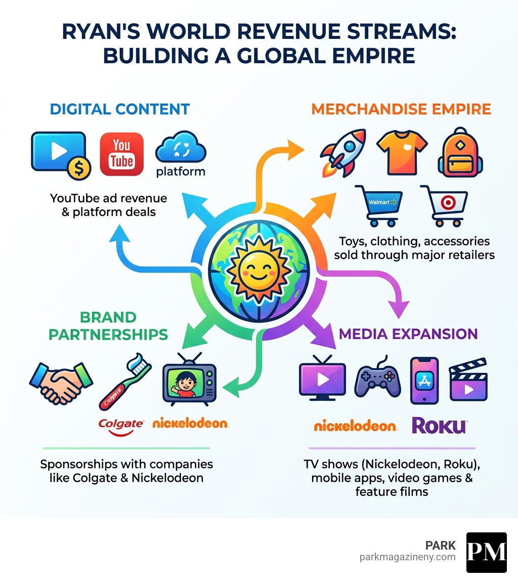 Infographic showing Ryan's World revenue streams: Digital Content (YouTube ad revenue and platform deals), Merchandise Empire (toys, clothing, accessories sold through major retailers like Walmart and Target), Brand Partnerships (sponsorships with companies like Colgate and Nickelodeon), and Media Expansion (TV shows on Nickelodeon and Roku, mobile apps, video games, and feature films) - ryan's world net worth infographic Infographic showing Ryan's World revenue streams: Digital Content (YouTube ad revenue and platform deals), Merchandise Empire (toys, clothing, accessories sold through major retailers like Walmart and Target), Brand Partnerships (sponsorships with companies like Colgate and Nickelodeon), and Media Expansion (TV shows on Nickelodeon and Roku, mobile apps, video games, and feature films) - ryan's world net worth infographic