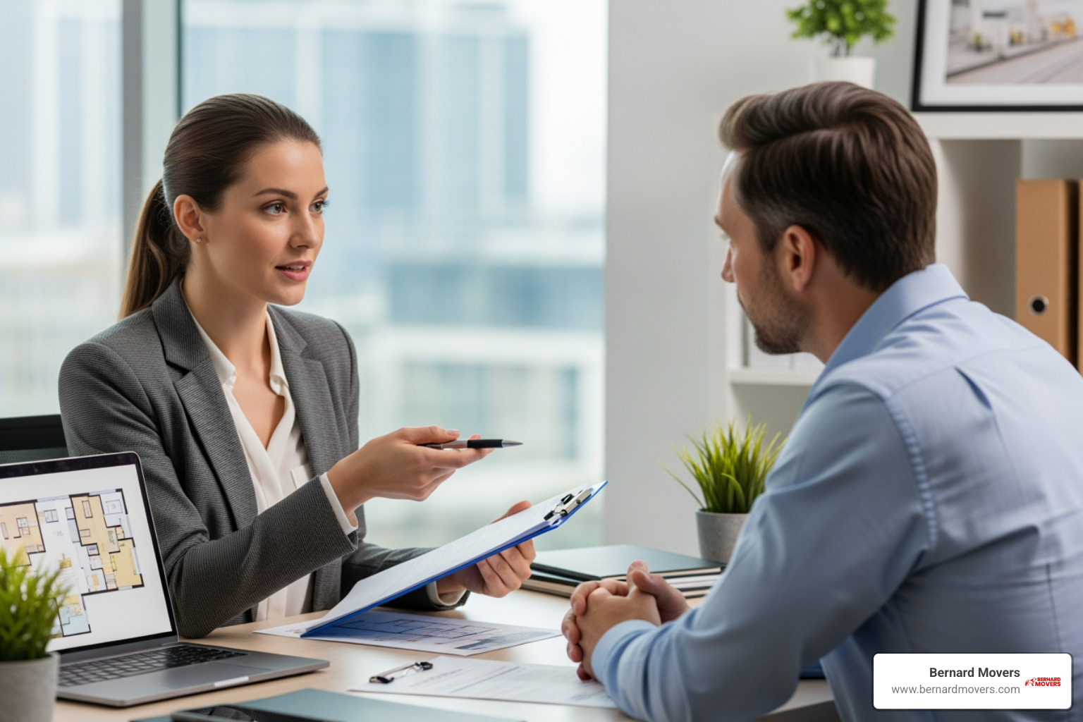 moving coordinator with a clipboard planning with a client - Commercial movers near me moving coordinator with a clipboard planning with a client - Commercial movers near me