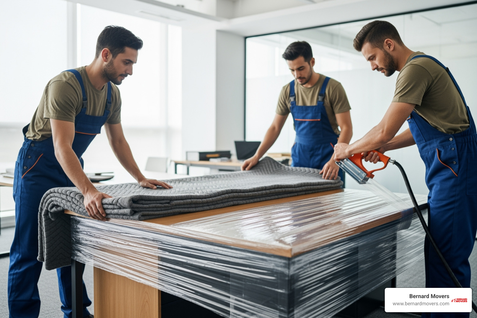 movers carefully wrapping a large piece of office furniture - Commercial movers near me movers carefully wrapping a large piece of office furniture - Commercial movers near me