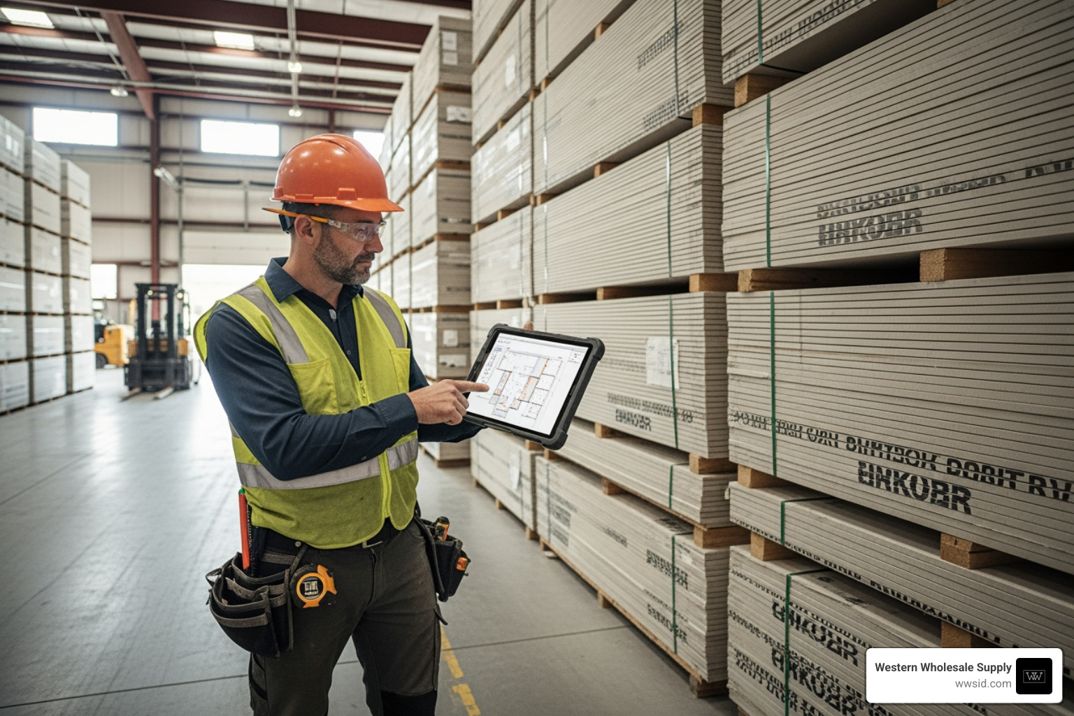 contractor reviewing a project plan with a large stock of drywall in the background - drywall wholesale contractor reviewing a project plan with a large stock of drywall in the background - drywall wholesale