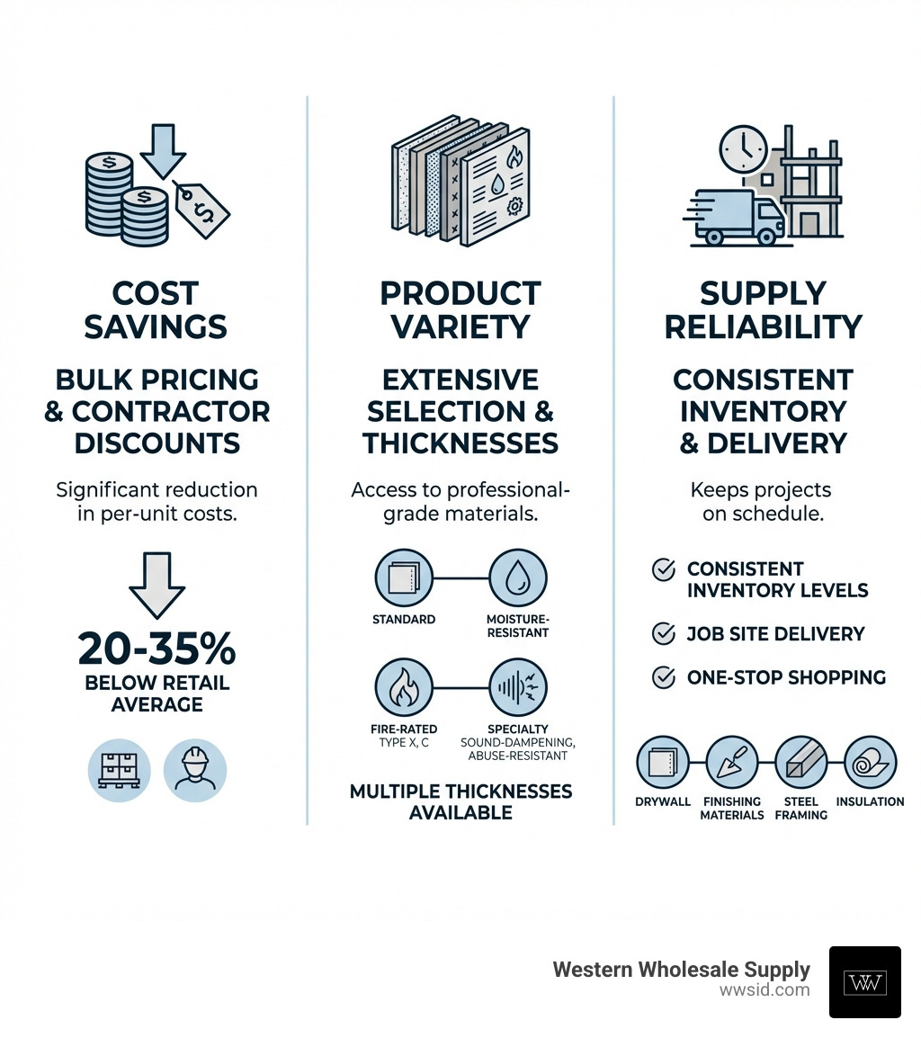Infographic showing the three core advantages of drywall wholesale purchasing: Cost Savings through bulk pricing and contractor discounts averaging 20-35% below retail; Product Variety including standard gypsum board, moisture-resistant, fire-rated Type X and Type C, sound-dampening, and abuse-resistant options in multiple thicknesses; and Supply Reliability with consistent inventory, job site delivery, and one-stop shopping for drywall, finishing materials, steel framing, and insulation - drywall wholesale infographic Infographic showing the three core advantages of drywall wholesale purchasing: Cost Savings through bulk pricing and contractor discounts averaging 20-35% below retail; Product Variety including standard gypsum board, moisture-resistant, fire-rated Type X and Type C, sound-dampening, and abuse-resistant options in multiple thicknesses; and Supply Reliability with consistent inventory, job site delivery, and one-stop shopping for drywall, finishing materials, steel framing, and insulation - drywall wholesale infographic