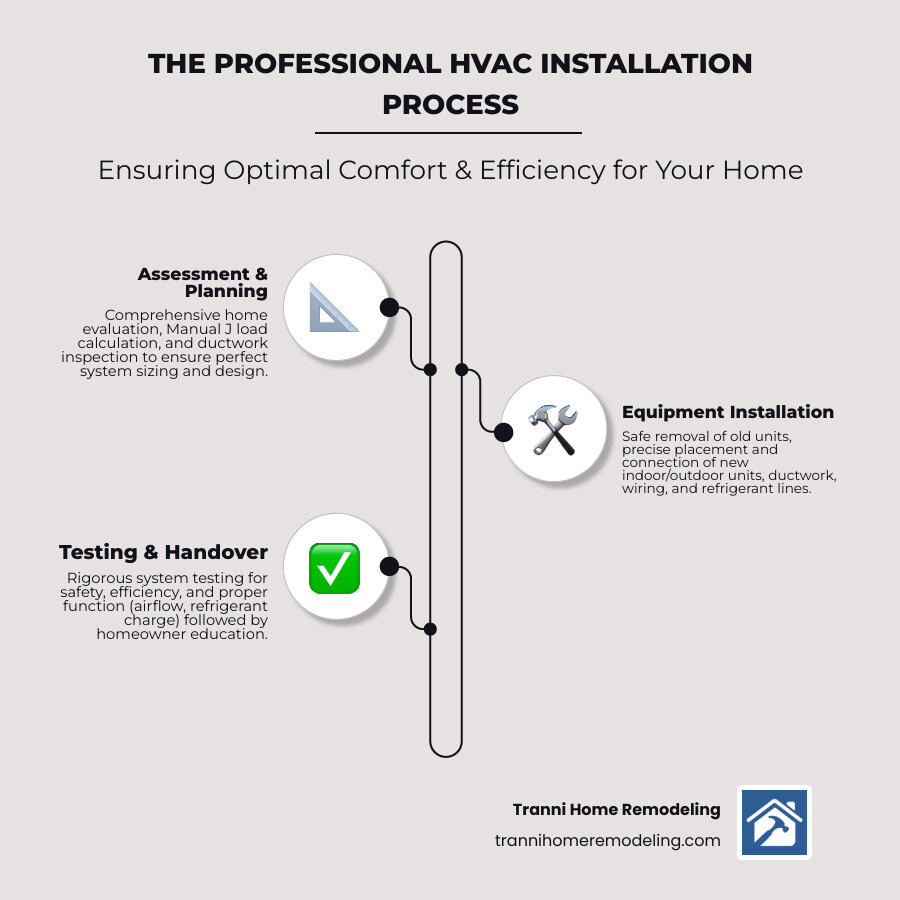 Infographic showing the complete HVAC installation process from initial home assessment and load calculation, through equipment removal and installation, to final system testing and homeowner education, with key quality checkpoints at each stage including proper sizing, optimized airflow, correct refrigerant charge, and sealed ductwork - HVAC Installation Services infographic infographic-line-3-steps-elegant_beige
