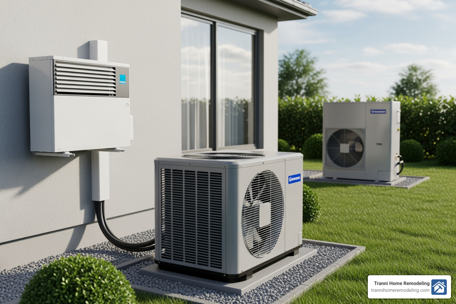 A central AC outdoor unit, a ductless mini-split indoor unit, and a heat pump outdoor unit - HVAC Installation Services