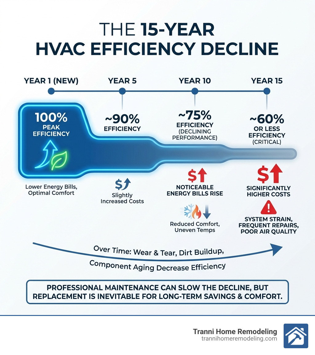 Infographic explaining the declining efficiency of an HVAC system over 15 years - HVAC Installation Services infographic 