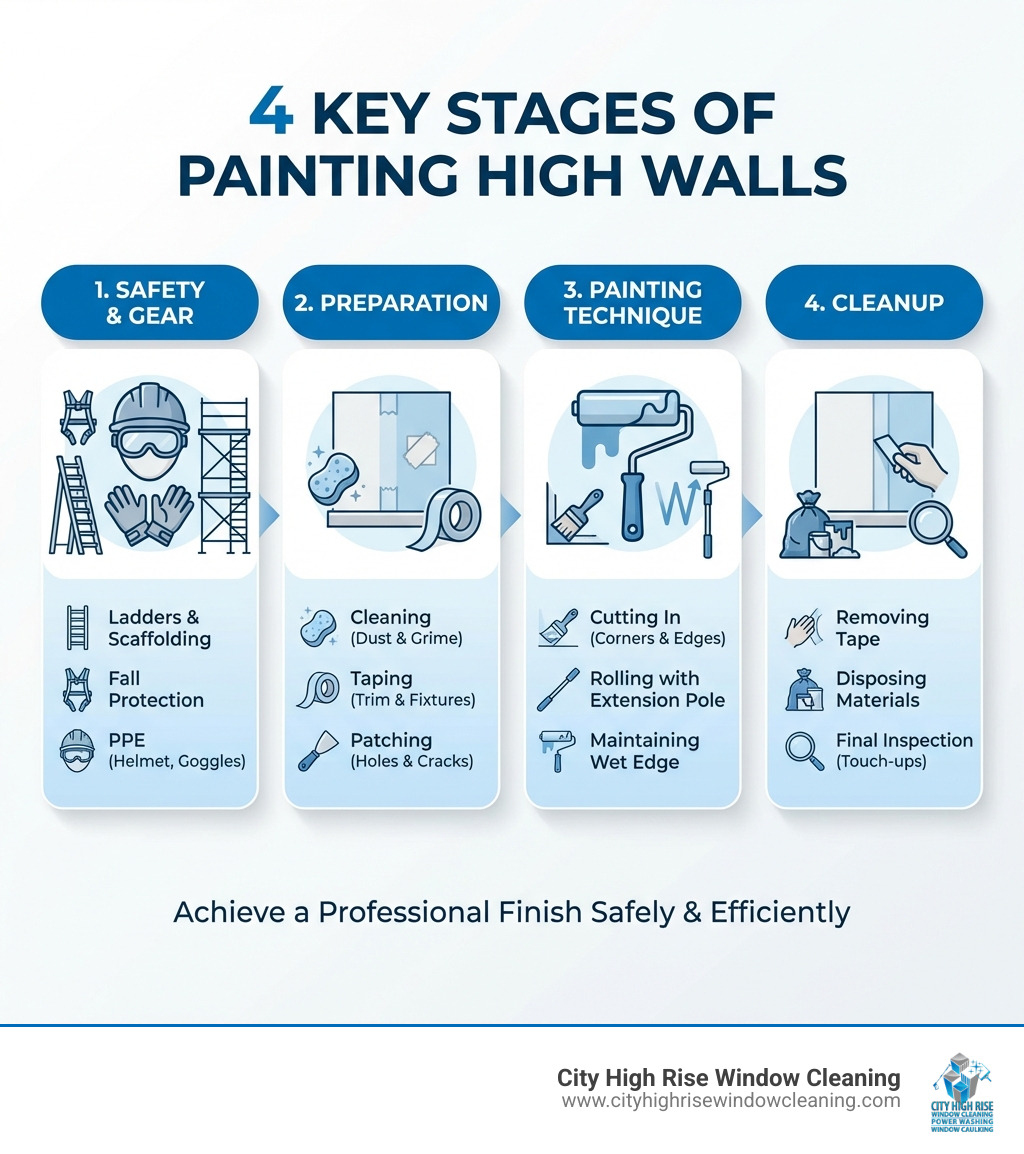 infographic showing the 4 key stages of painting high walls: Safety & Gear (ladders, scaffolding, PPE), Preparation (cleaning, taping, patching), Painting Technique (cutting in, rolling with extension pole, maintaining wet edge), and Cleanup (removing tape, disposing materials, final inspection) - how do you paint high walls infographic infographic showing the 4 key stages of painting high walls: Safety & Gear (ladders, scaffolding, PPE), Preparation (cleaning, taping, patching), Painting Technique (cutting in, rolling with extension pole, maintaining wet edge), and Cleanup (removing tape, disposing materials, final inspection) - how do you paint high walls infographic