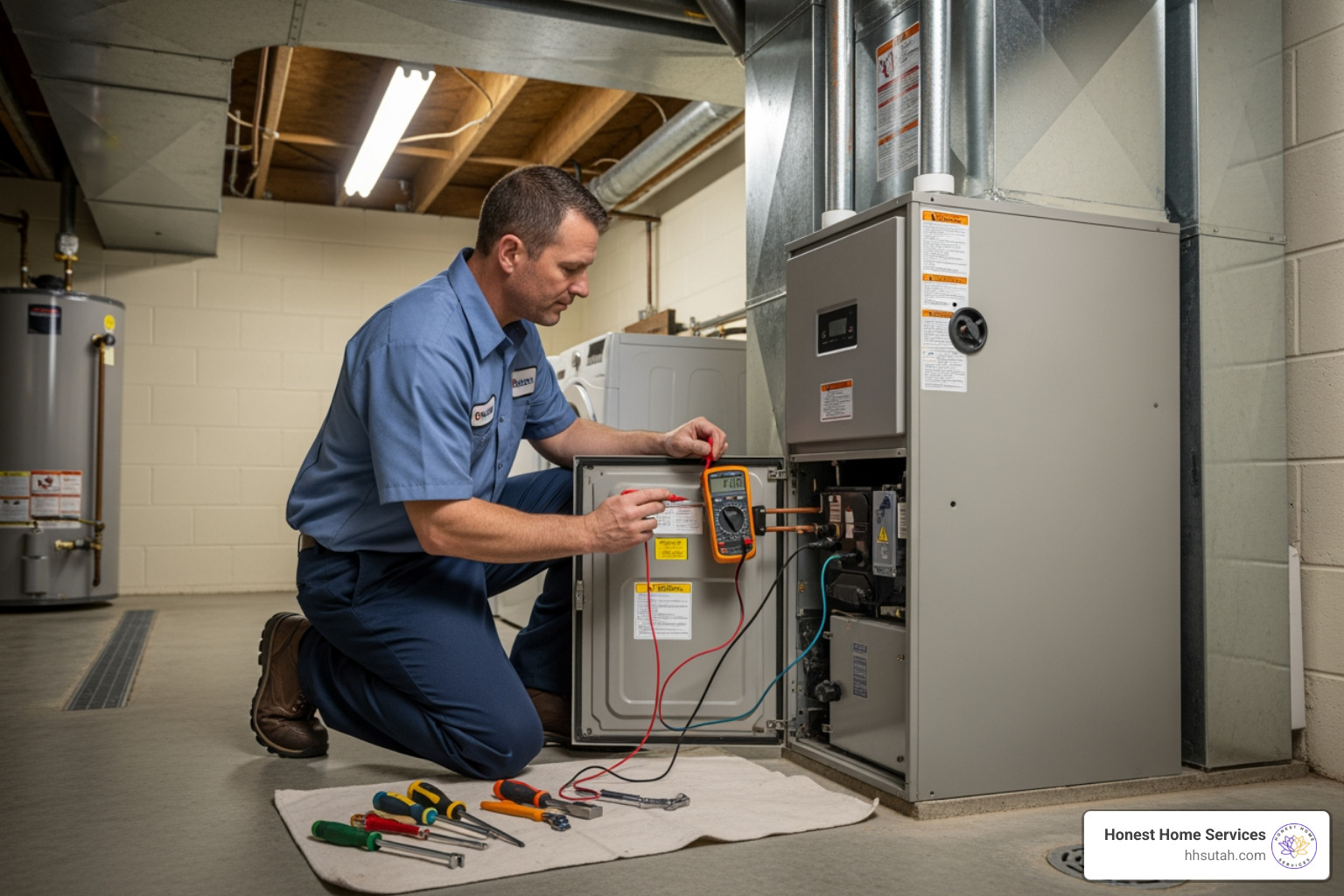 A technician performing a furnace tune-up - salt lake city furnace repair A technician performing a furnace tune-up - salt lake city furnace repair