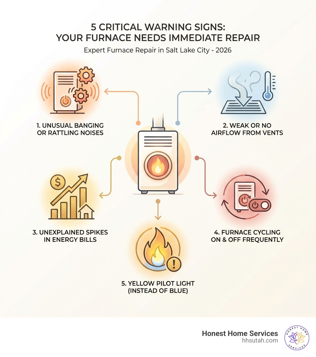 Infographic showing five critical warning signs your furnace needs immediate professional repair: unusual banging or rattling noises, weak or no airflow from vents, unexplained spikes in energy bills, furnace cycling on and off frequently, and a yellow pilot light instead of blue - salt lake city furnace repair infographic Infographic showing five critical warning signs your furnace needs immediate professional repair: unusual banging or rattling noises, weak or no airflow from vents, unexplained spikes in energy bills, furnace cycling on and off frequently, and a yellow pilot light instead of blue - salt lake city furnace repair infographic