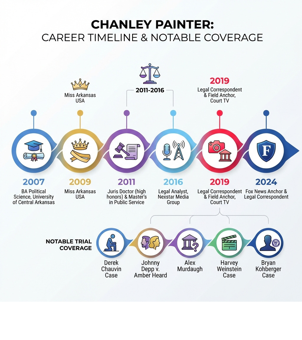 Infographic showing Chanley Painter's career timeline: 2007 - BA Political Science from University of Central Arkansas; 2009 - Miss Arkansas USA; 2011 - Juris Doctor with high honors and Master's in Public Service; 2011-2016 - Deputy Prosecutor in Arkansas and Tennessee; 2016 - Legal analyst for Nexstar Media Group; 2019 - Legal correspondent and field anchor for Court TV; 2024 - Fox News anchor and legal correspondent; Notable trial coverage includes Derek Chauvin, Johnny Depp v. Amber Heard, Alex Murdaugh, Harvey Weinstein, and Bryan Kohberger cases - chanley painter infographic 