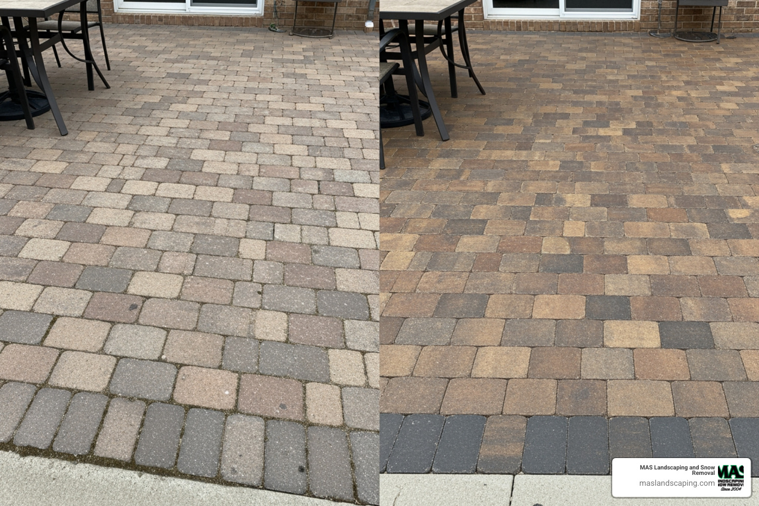 Split-screen view of a paver patio showing a faded, stained section next to a vibrant, freshly sealed section - Sealing paver patio